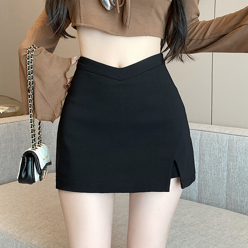 布舒瑤開叉半裙半身裙女春季2025新款A字裙褲裙高腰西裝短裙包臀裙裙子 黑色 S