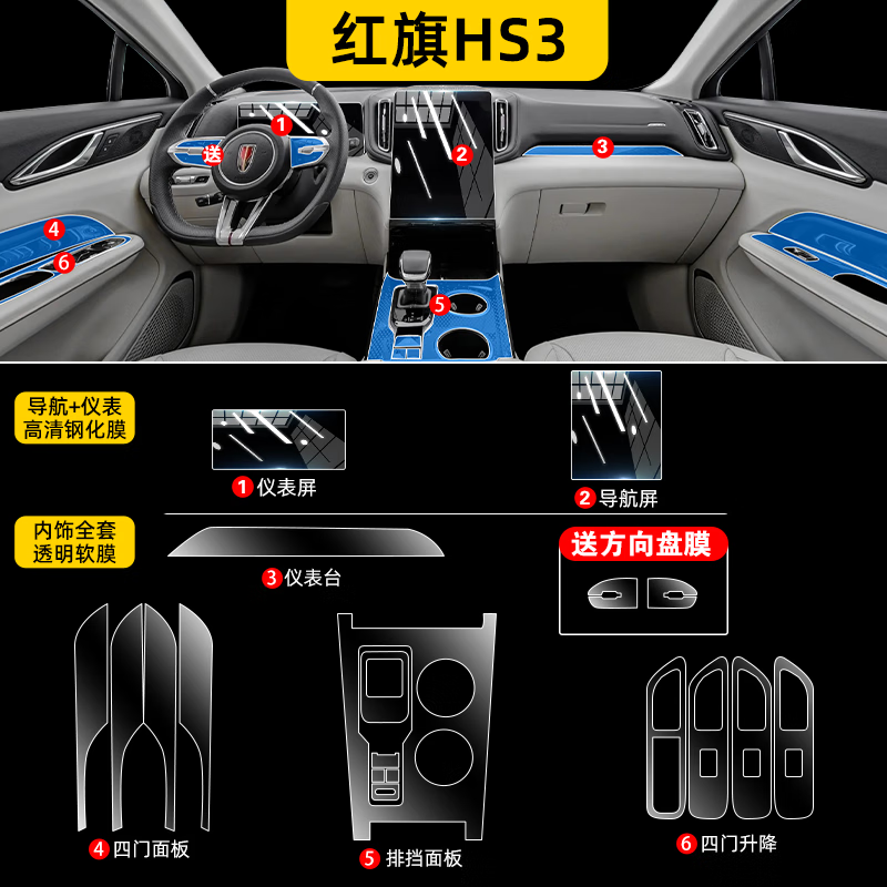 路透仕23-25款红旗HS3导航钢化膜中控液晶显示大屏幕玻璃保护贴膜改装饰 红旗HS3【内饰TPU+两屏高清钢化膜】