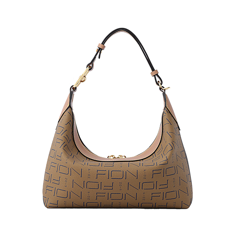 菲安妮（FION）老花法棍腋下包女感新款小眾月牙單肩斜挎包 焦糖棕【雙面背】