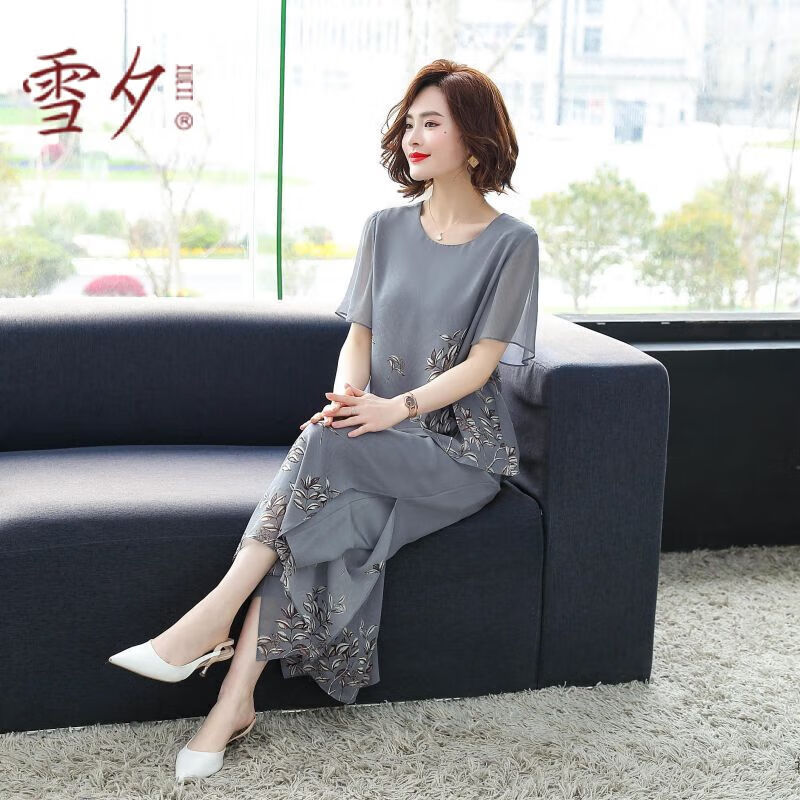 雪夕（XUEXI）媽媽夏裝時尚大碼氣質(zhì)套裝2025新款中老年人婦女雪紡洋氣薄衫