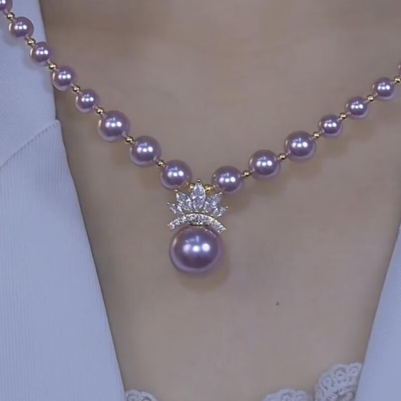 泽彩紫色珍珠项链法式皇冠女气质紫罗兰王妃毛衣链小众感坠