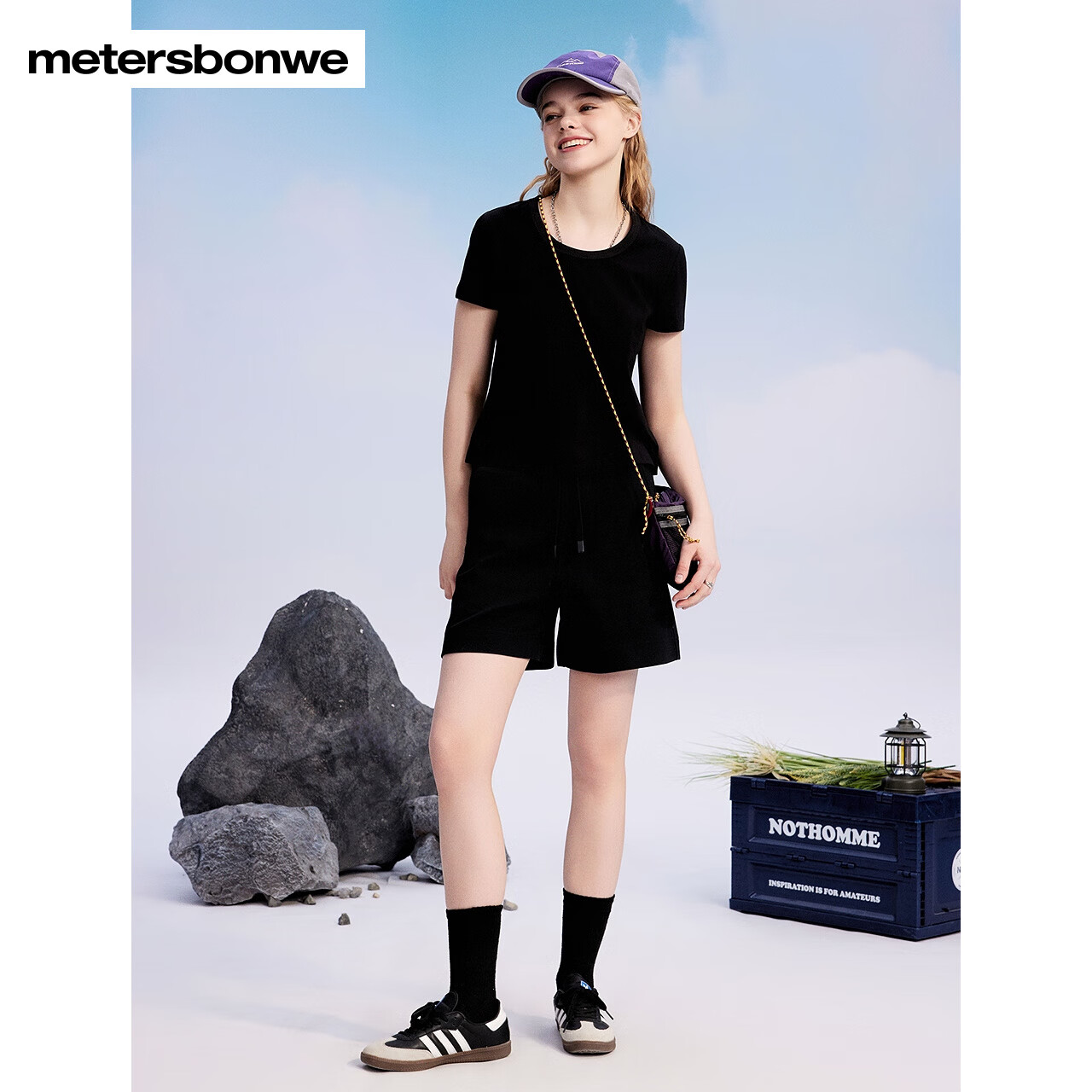 美特斯邦威短袖T恤女士新款U领纯色简约透气百搭打底t恤透气 航线蓝 XL 170 92A