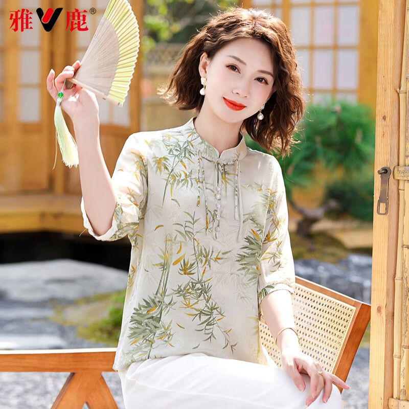 雅鹿妈妈装夏装新款国风中式雪纺T恤衫中老年女装洋气大码衣服上衣 绿色 YQS11B35000 2XL (175) 【建议105-120斤】