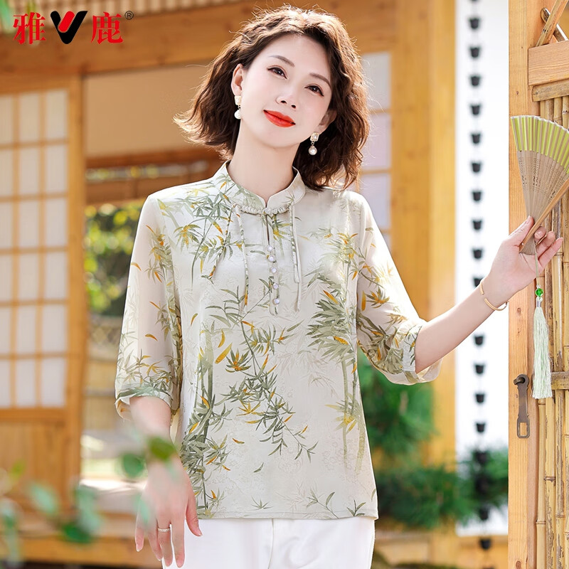 雅鹿妈妈装夏装新款国风中式雪纺T恤衫中老年女装洋气大码衣服上衣 绿色 YQS11B35000 2XL (175) 【建议105-120斤】