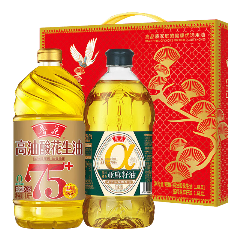 魯花 京覓 食用油  高油酸花生油1.6L/桶 亞麻籽油 1.6L組合 花生油