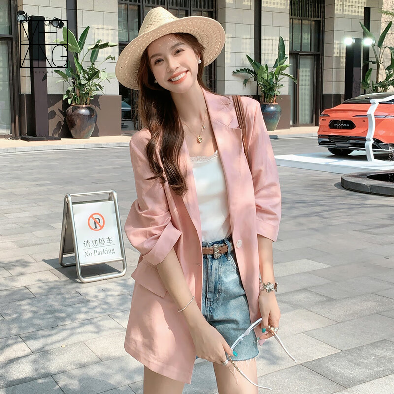 美洋（MEIYANG）假日亚麻西装 天丝亚麻棉_宽松七分袖西服外套 粉色 M