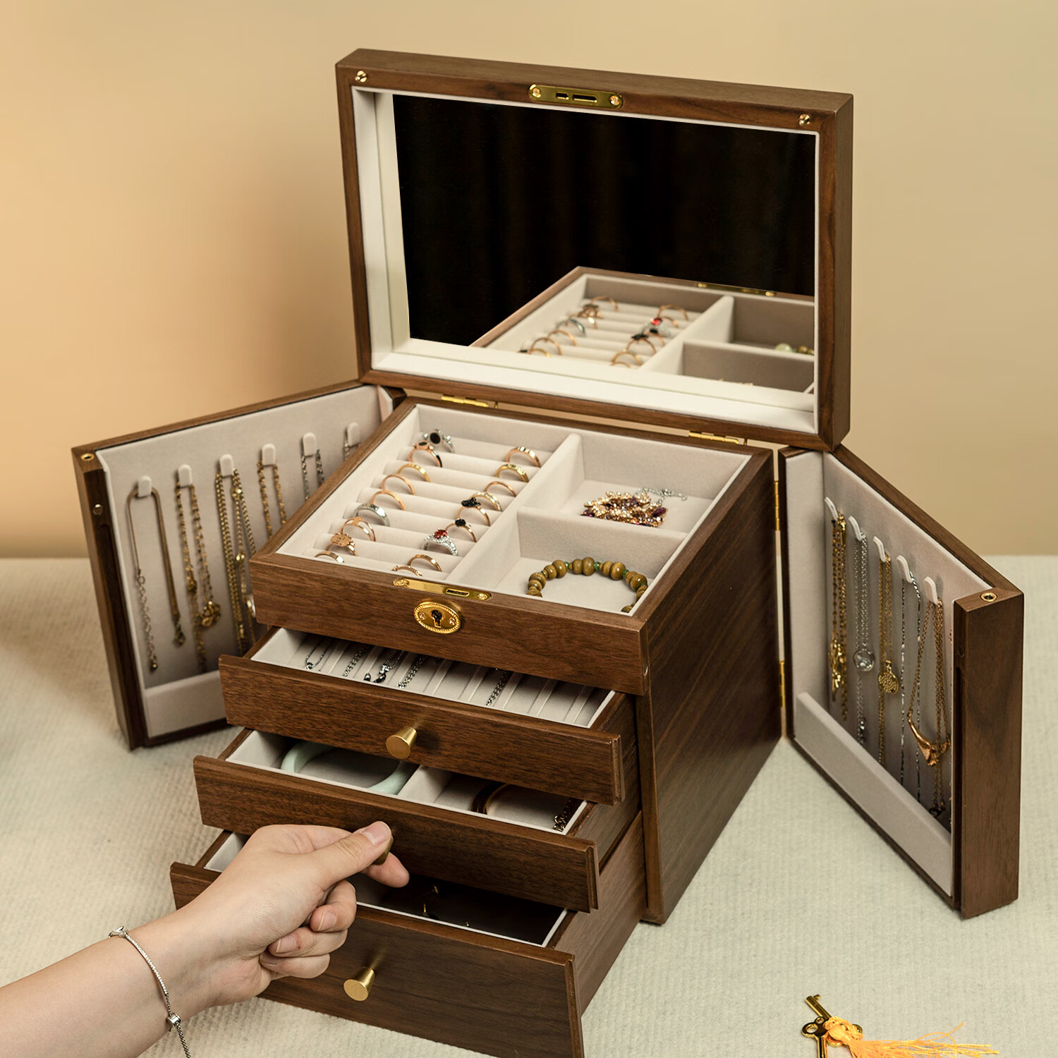 木久收纳盒木质梳妆台桌面带锁带镜饰品盒结婚五金珠宝木质首饰盒 四层首饰盒 【带锁带镜子】