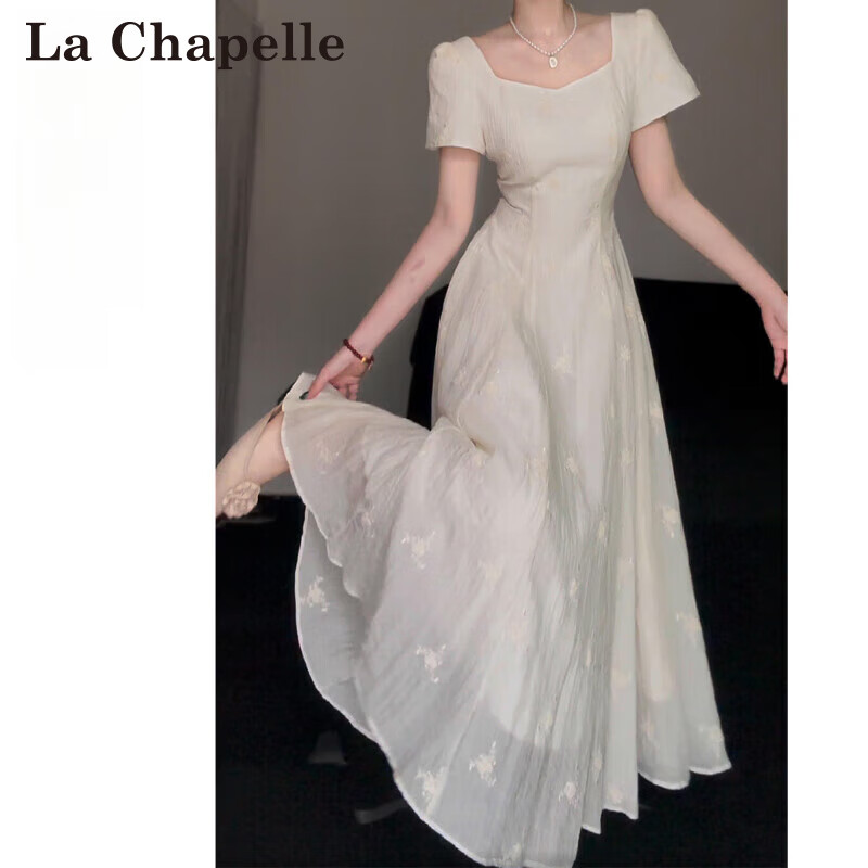 拉夏貝爾（La Chapelle）茶歇法式繡花連衣裙2025女夏氣質(zhì)收腰短袖大擺長溫柔初戀約會仙女 連衣裙 2XL 建議125斤以上