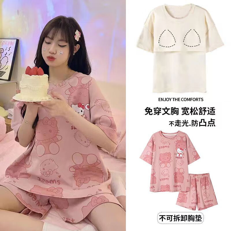 浪莎纯棉睡衣女夏季短袖短裤两件套装2025年新款薄款小熊家居服夏 带胸垫-粉kitty猫 XL 建议120-140斤
