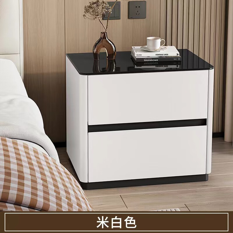 实木烤漆床头柜简约现代轻奢高级感卧室床边柜收纳柜钢化玻璃桌面 米白色【实木烤漆】 50x40x50cm 京东折扣/优惠券