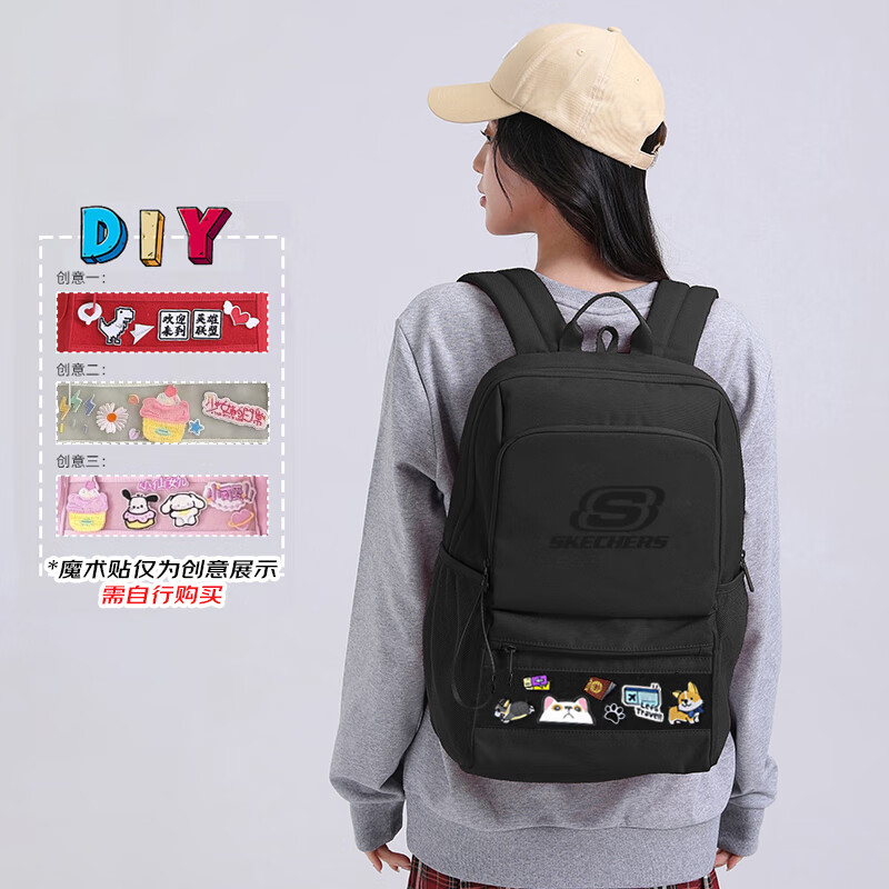 斯凯奇（Skechers）书包女大学生简约男运动户外旅行大容量可DIY百变创意初中双肩包 L424K129-0018碳黑色 均 码