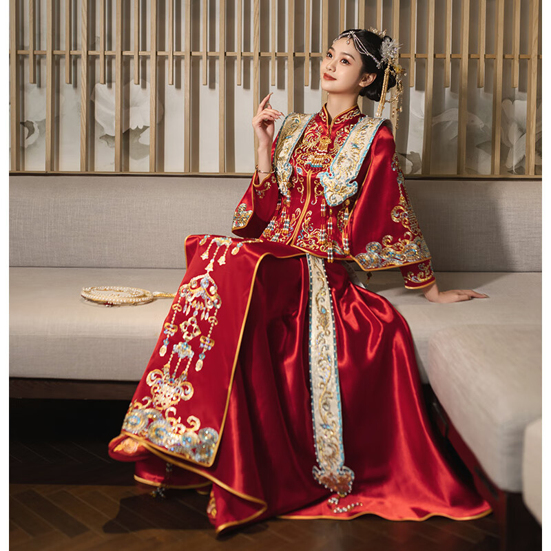 卡悠萊（KAYOULAI）秀禾服男女套裝明制新娘新款春季中式婚禮古代婚服大碼龍鳳褂 紅色霞披 S 均碼
