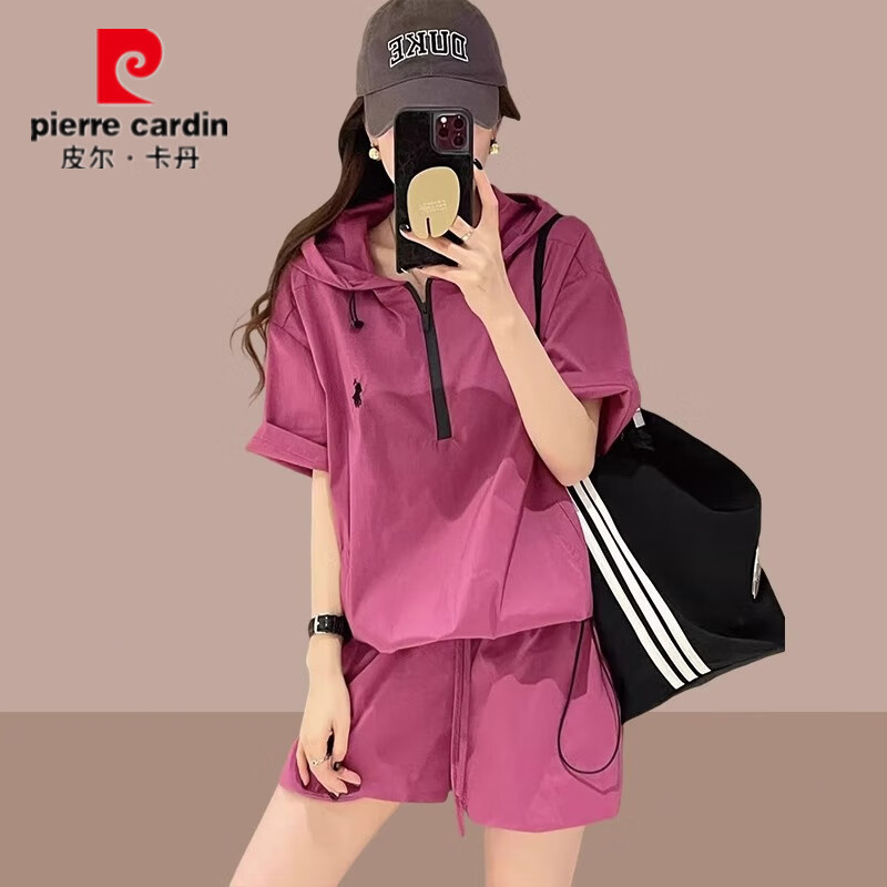 皮尔卡丹运动套装女夏季薄款2025新款休闲时尚洋气宽松减龄短袖短裤两件套 紫色 XL 【建议120-150斤】