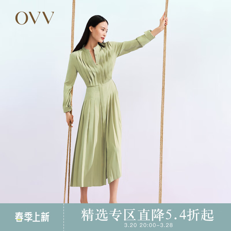 OVV2023春夏新款女装优雅收腰经典舒适休闲通勤百褶连衣裙 绿灰（净色）01 L