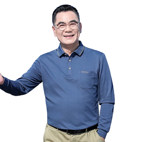 寶財(cái)羊5A抗菌桑蠶絲長(zhǎng)袖t恤男爸爸裝春秋季翻領(lǐng)棉polo衫中老年人上衣服