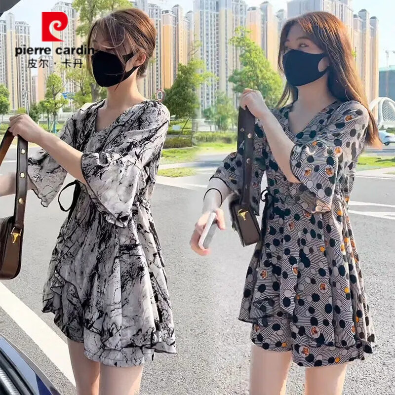 皮尔卡丹(pierre cardin)夏季雪纺套装宽松高腰显瘦洋气时尚连衣裙大码女装胖mm短裤两件套 水墨色套装【连衣裙+裤子】 XL 建议【125-140斤】