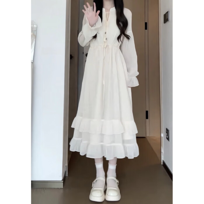 春诗曼小个子白色连衣裙子女装2024新款夏季设计感穿搭爆款法式收 杏色长裙 S