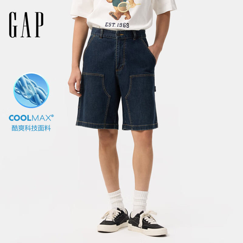 Gap男裝2025夏季新多口袋工裝挺括寬松牛仔短褲休閑褲爸爸裝727398 深色水洗 34 (185/92A) 亞洲尺碼