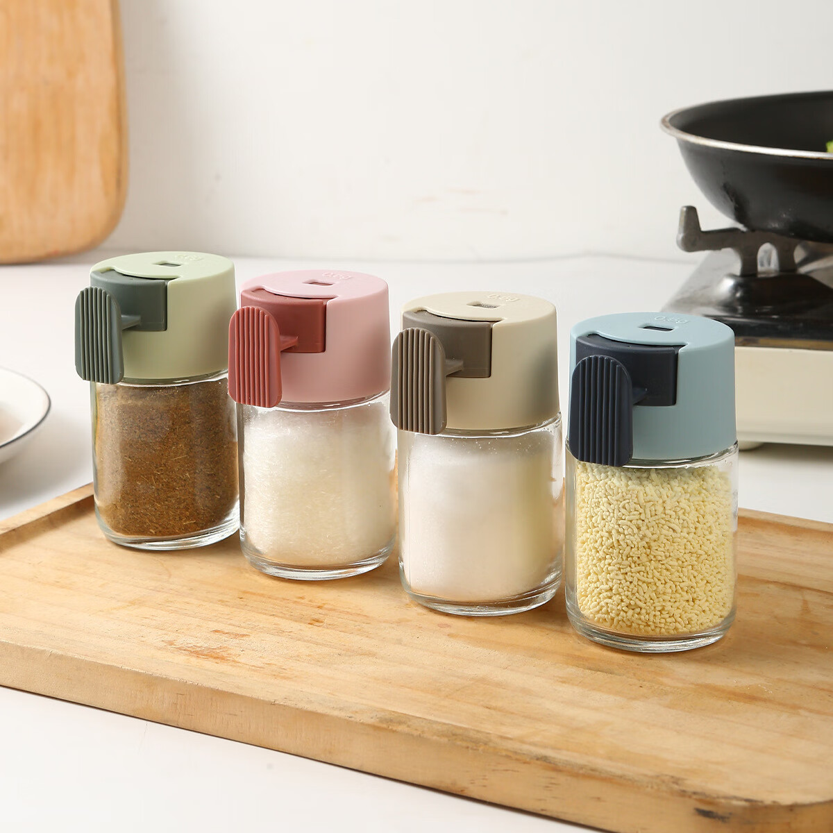 【精选】厨房玻璃调味控盐瓶按压式定量调味罐密封调料盒食盐罐味 粉色 单件装