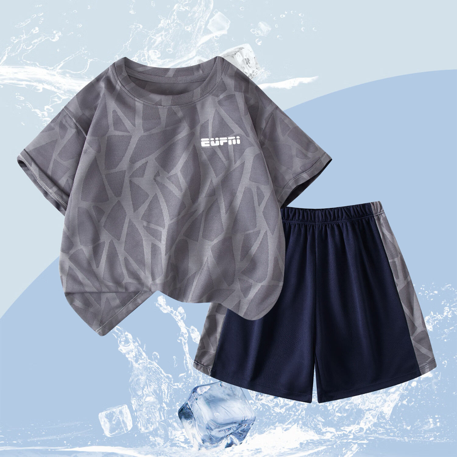 猫人（MiiOW）男童新款套装短袖速干儿童中大童凉感透气T恤五分裤两件套夏款 蓝色 120 【推荐体重30-35斤】