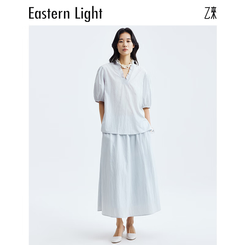 乙来(EASTERN LIGHT)2026夏季新款潮流南法拉夫领小衫衬衫连衣半身裙A字显瘦上衣气质 晨雾蓝-小衫 M