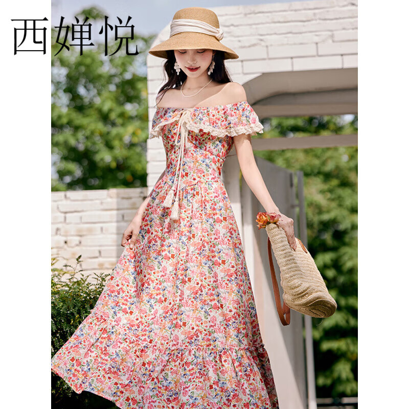西婵悦轻奢法式气质碎花肩连衣裙女夏收腰显瘦款海边度假沙滩裙 图片色 S