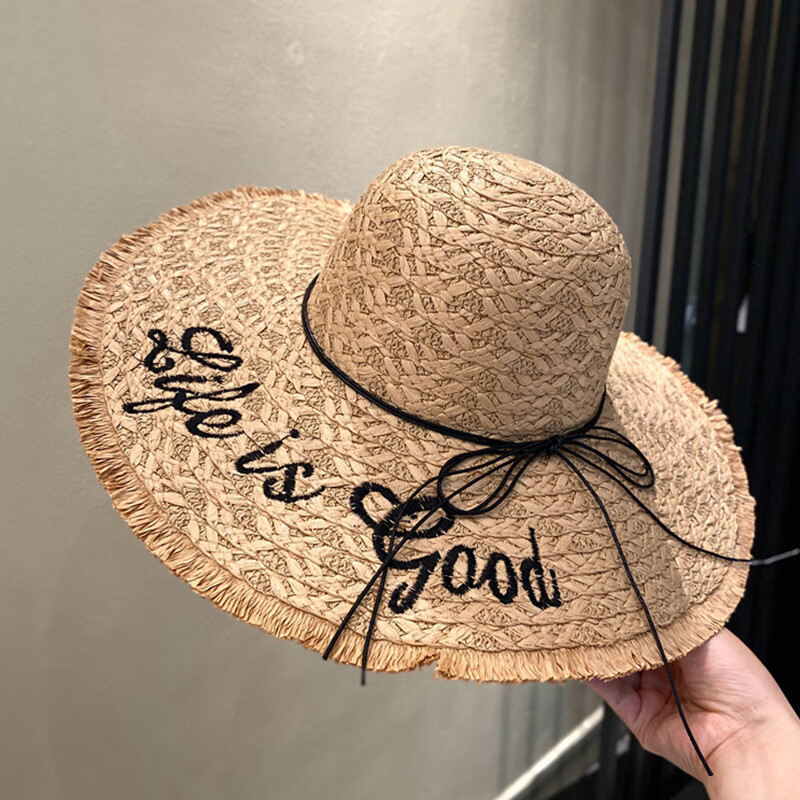 UKUHPK平頂法式草帽女夏季大帽檐遮陽(yáng)帽海邊度假沙灘帽盆帽 D-378卡其色毛邊字母草帽 均碼 55-59