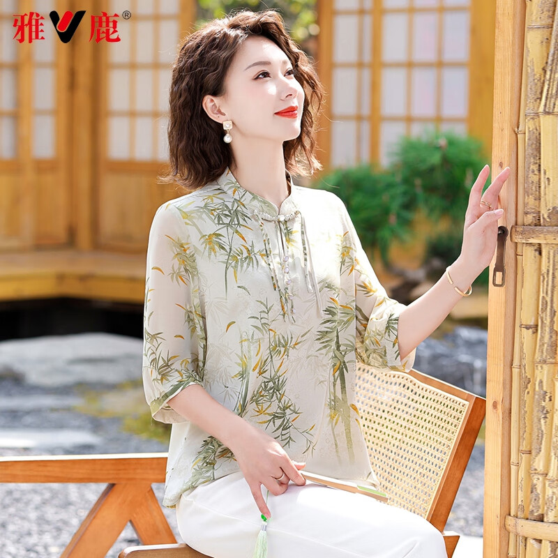 雅鹿妈妈装夏装新款国风中式雪纺T恤衫中老年女装洋气大码衣服上衣 绿色 YQS11B35000 2XL (175) 【建议105-120斤】