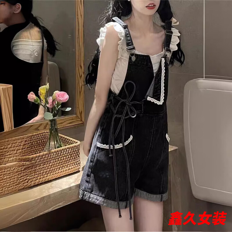 美安嘉酷鹽系牛仔背帶褲女新款夏季薄款設(shè)計感小眾小個子短褲闊腿褲 黑灰色 S