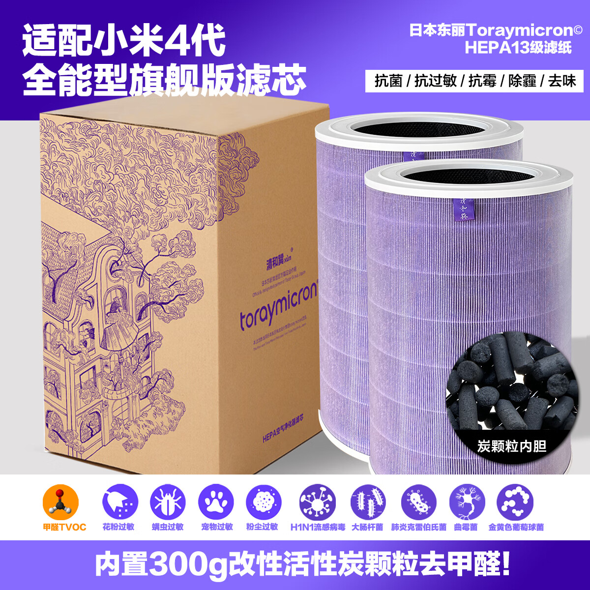 清和巽【日本东丽滤纸】适配小米米家空气净化器4代/5代5S/ProH除甲醛滤芯带芯片过滤网抗过敏抗菌 适配4代全能版【巨划算碳颗粒2桶】日本东丽滤纸