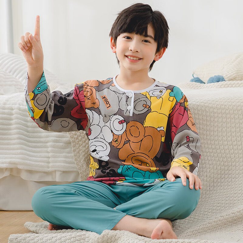 稚奴萌儿童棉绸睡衣套装夏季男女童长袖中大童薄款家居服莱赛尔空调服 组合多彩熊 130 适应身高(110-120cm)