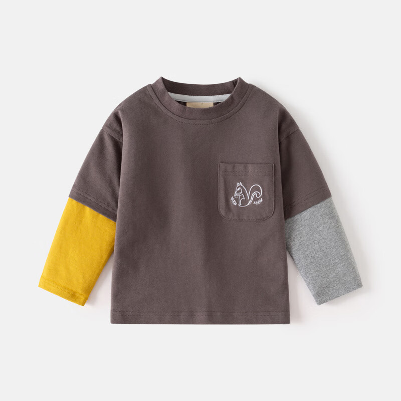 WELLKIDS秋季儿童条纹长袖T恤衣服童装男宝宝松鼠打底衫男童假两件上衣 灰色 90 京东折扣/优惠券