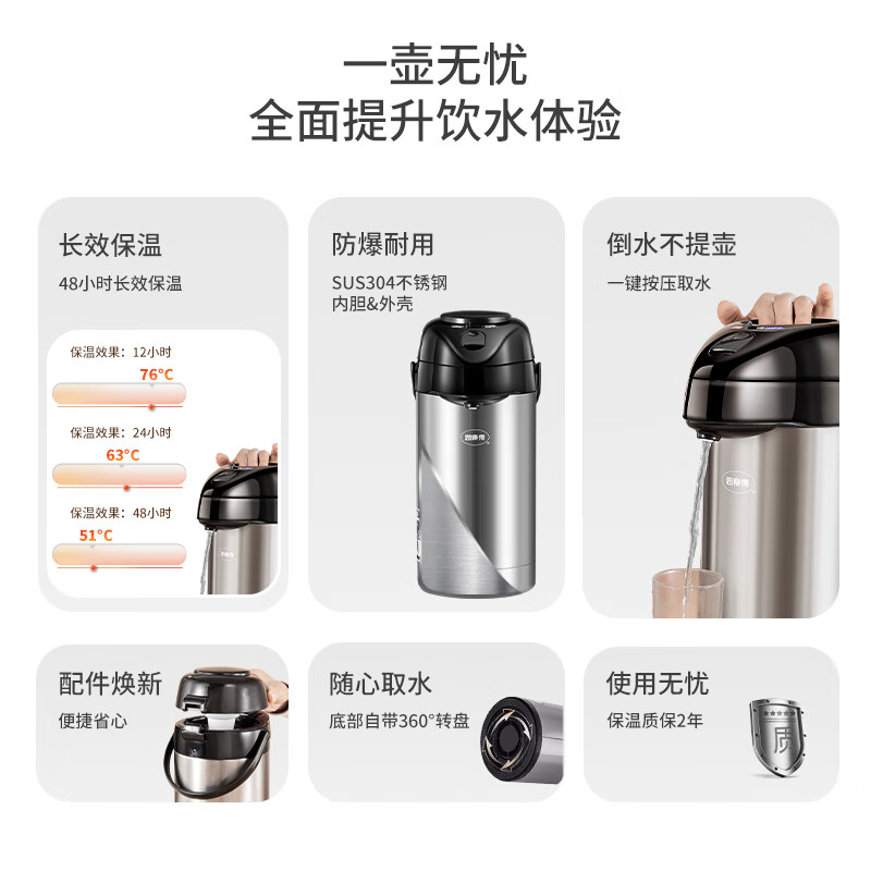 思乐得（SOLIDWARE）304不锈钢保温壶气压壶家用大容量热水壶办公室车载老式暖壶暖瓶 旗舰款-香槟金2.5L