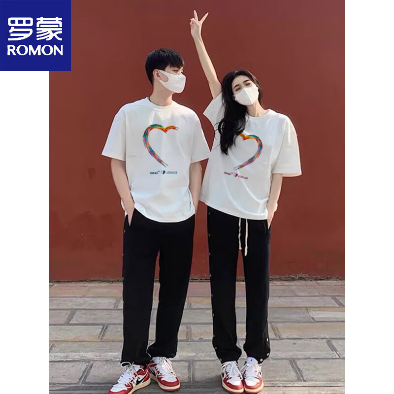 罗蒙（ROMON）情侣装早春2026新款潮牌设计感夏装纯棉宽松情侣套装短袖t恤班服 白色男+白色女 S M =男M+女S