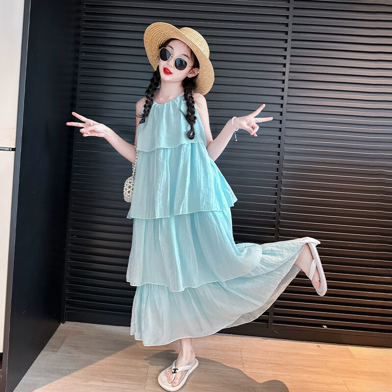 女童连衣裙夏2025新款女大童夏装洋气公主吊带裙儿童多巴胺小洋裙 天蓝色 160