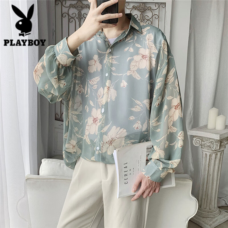花衬衫男ins风很仙的秋季港风宽松潮流印花长袖衬衣