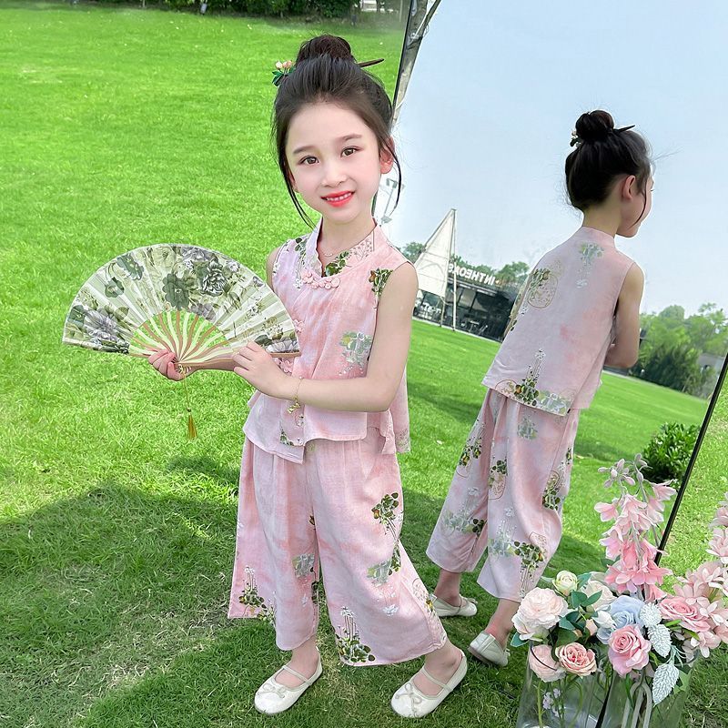 G.duck童装女童中式国风套装2026新款儿童夏季汉服洋气宝宝两件套夏装 粉色-套装 120 码(身高100-110cm)