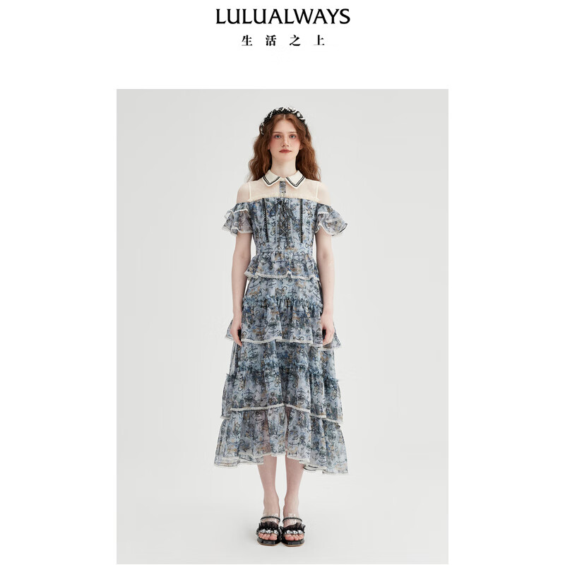 LULUALWAYS【商场同款】25夏季新款法式优雅风气质蕾丝蛋糕连衣裙宴会晚礼服 蓝色 L