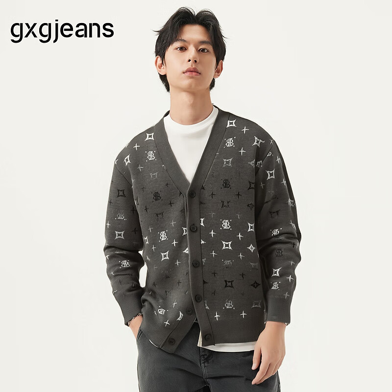 gxgjeans男装针织衫 绿色满身老花时尚开襟毛衣 25年春新品 绿色 XL (180)