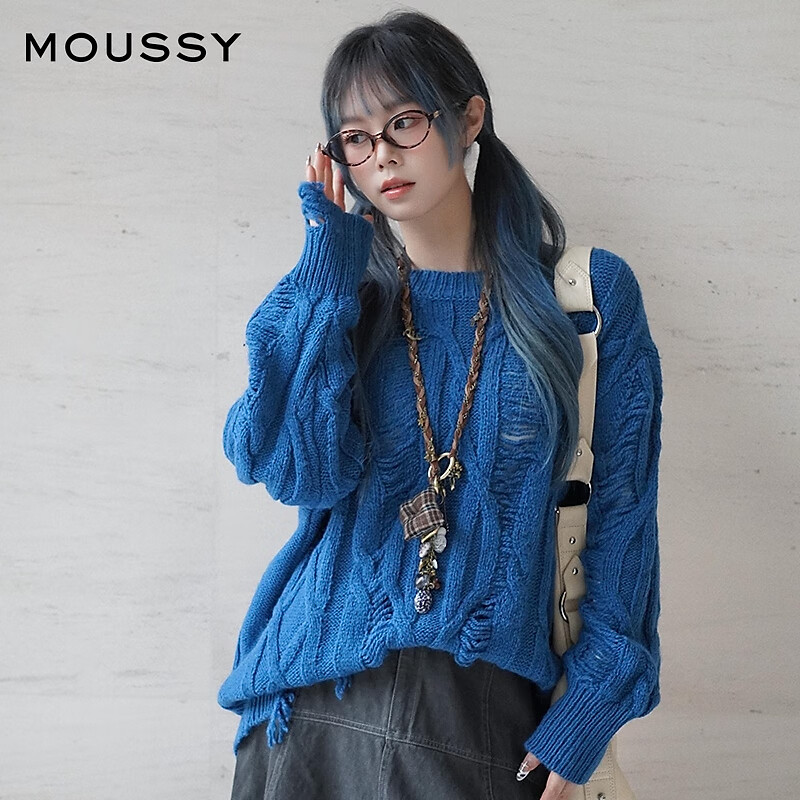 moussy 新品絞花鏤空粗針棒破洞毛衣針織衫028ISX70-1771 110藍(lán)色 均碼 00020/F