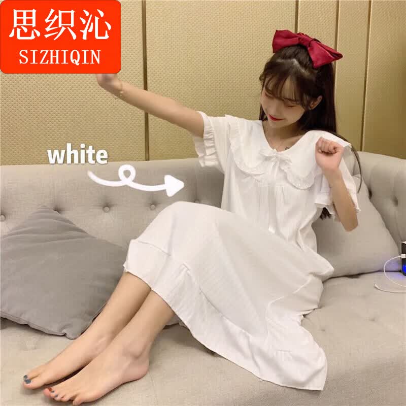 思织沁公主风连衣裙蝴蝶结荷叶边夏季睡裙女甜美可爱蕾丝花边娃娃领长裙 白色 XL (111-125斤)