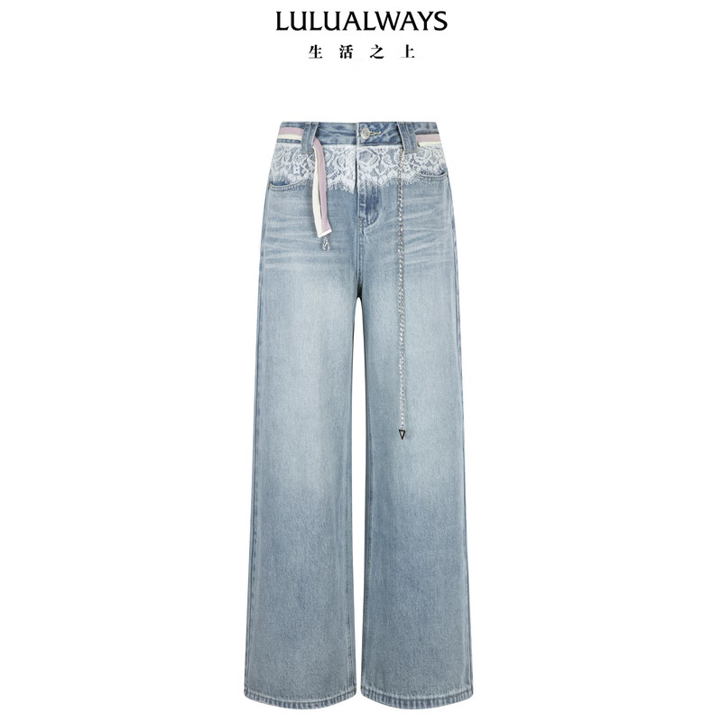 LULUALWAYS我爱露露25夏季新款气质百搭显瘦垂感通勤阔腿牛仔裤女蕾丝长裤 蓝色 M