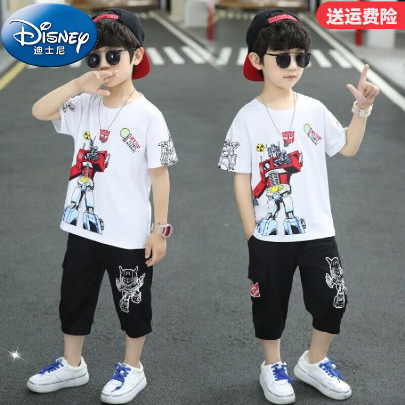 迪士尼（Disney）男童短袖套装2025新款儿童夏季卡通变形金刚衣服童装运动两件套 白色 130 码适合身高120-130cm