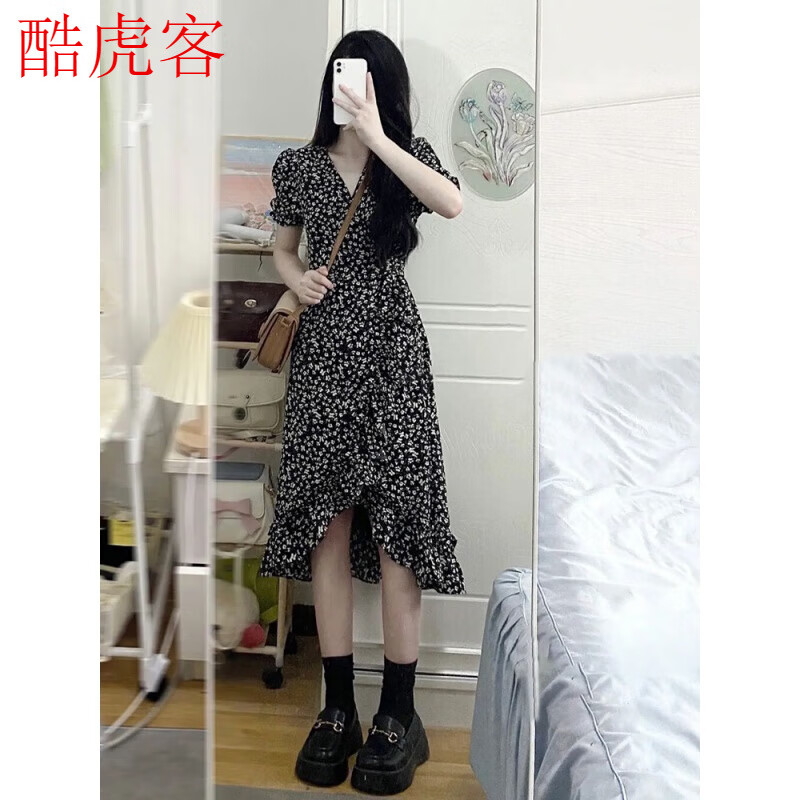 酷虎客小个子碎花连衣裙茶歇法式黑色碎花连衣裙女夏2025新款小个子 碎花裙 S