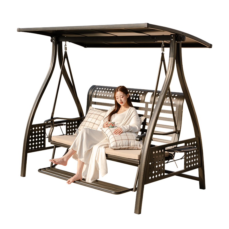 野人谷戶外秋千吊椅室外庭院三人搖椅成人太陽(yáng)能鋁合金露臺(tái)家用秋千 咖啡色（三人位）升級(jí)鋁合金