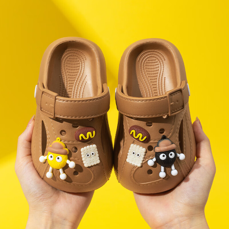 妙優(yōu)童兒童夏季沙灘洞洞鞋男孩防滑寶寶女童涼鞋家居卡通外穿親子涼拖鞋 小煤球/棕色 14.5 （22-23碼）內(nèi)長約14.5cm