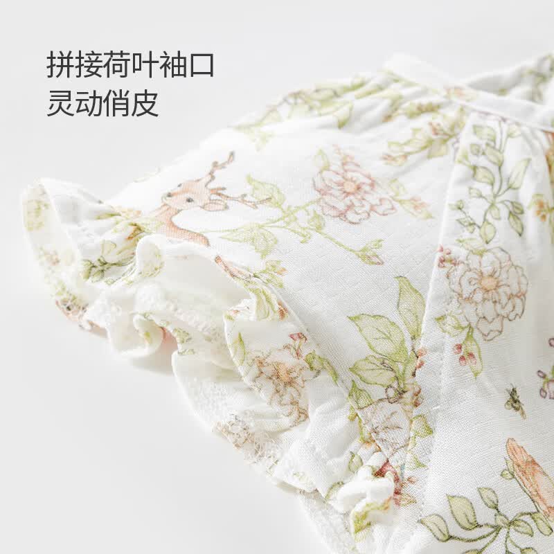 欢喜小熊 儿童短袖分体纱布套装宝宝夏季新款女童夏款外穿休闲衣服 鹿与兔子 110 (建议3-4岁身高100-110cm)