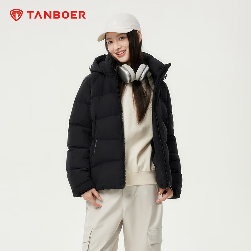 坦博尔羽绒服女短款时尚运动可脱卸帽百搭保暖外套550386D 黑色 160 