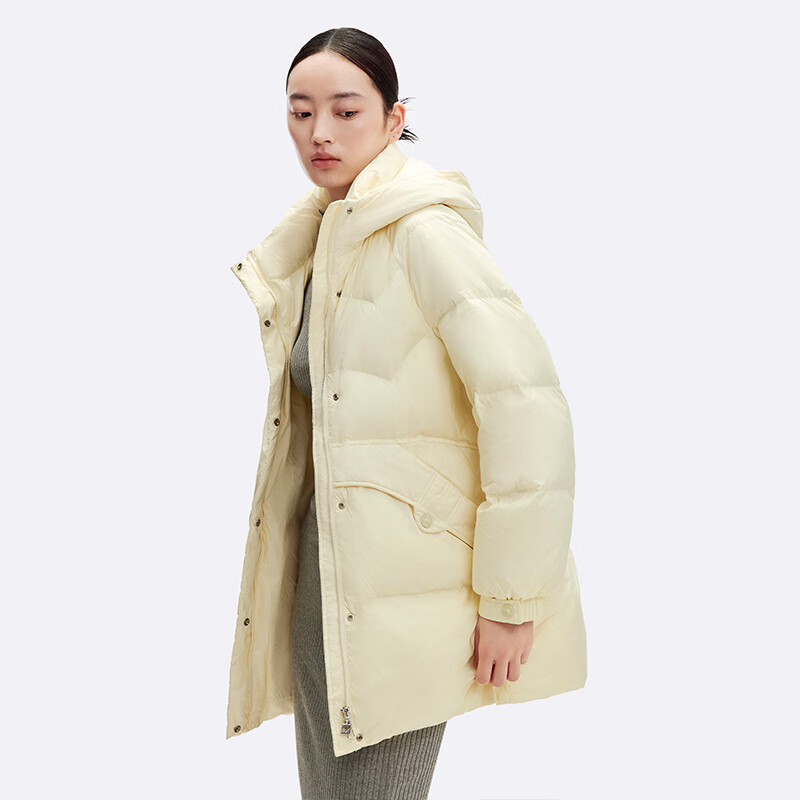 千仞岗秋冬季羽绒服中长款美拉德色系连帽外套女士百搭休闲保暖防寒服 奶油白 XS (155)