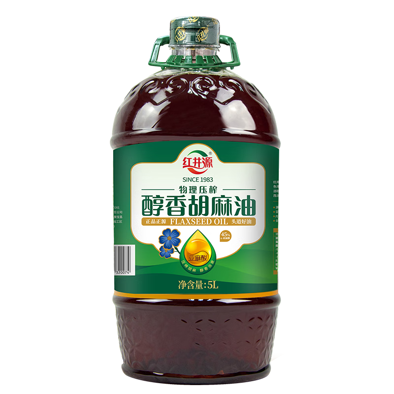 紅井源醇香胡麻油5L食用油古法壓榨孕婦月子油亞麻籽油熱炒家庭裝
